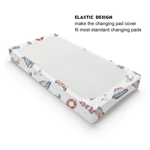 Cute Sailor Watercolor Bear Seagull Changing Pad Cover, Nautical Life Ship Anchor, Soft Stretch Fitted Baby Mats