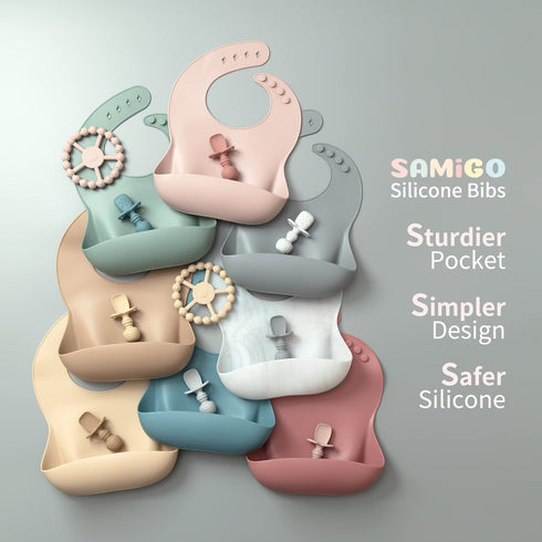Set, 6+ SAMiGO Silicone Baby Feeding Baby Led Weaning Supplies, Suction Bowl Plate Bib Cup Self Feeding Spoons, Solid