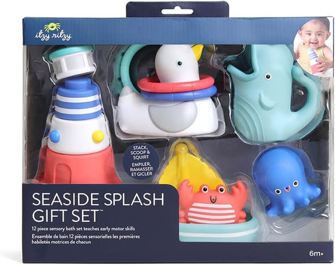 Set 12-Piece Sailboat Itzy Ritzy Bathtime Gift Baby Bath Toys for Infants & Toddlers Stacking Lighthouse, Ring Toss
