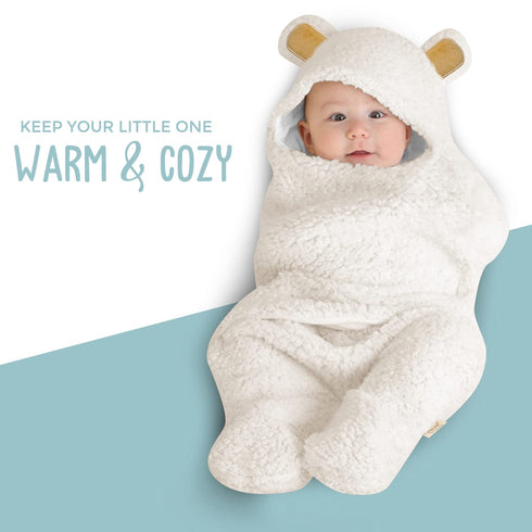 BlueMello Baby Bear Swaddle Blanket, Ultra-Soft Plush for Infants 0-6 Months, White Receiving Wrap