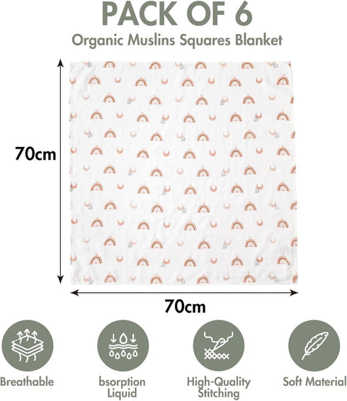 GLLQUEN BABY Receiving Blanket, Cotton Muslin Swaddle Blankets, 6 Pack, Breathable & Soft, Newborn Squares, Sun
