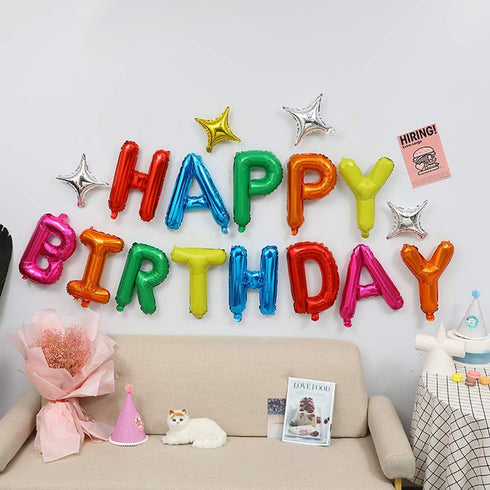 Rainbow Happy Birthday Balloons Banner, 16 Inch Mylar Foil Letters, Reusable Party Decorations