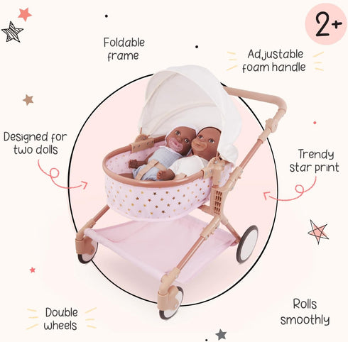 14-Inch 2+ LullaBaby Accessories Pink Toy Stroller with Gold Stars for Twins Foldable Canopy, Swivel Wheels & Storage