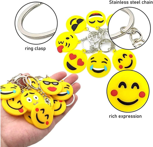64 Pack Mini Emoticon Keychain Plush (16 expressions), Cute Keychains for Kids, Party Favors, Valentine's Day Gifts