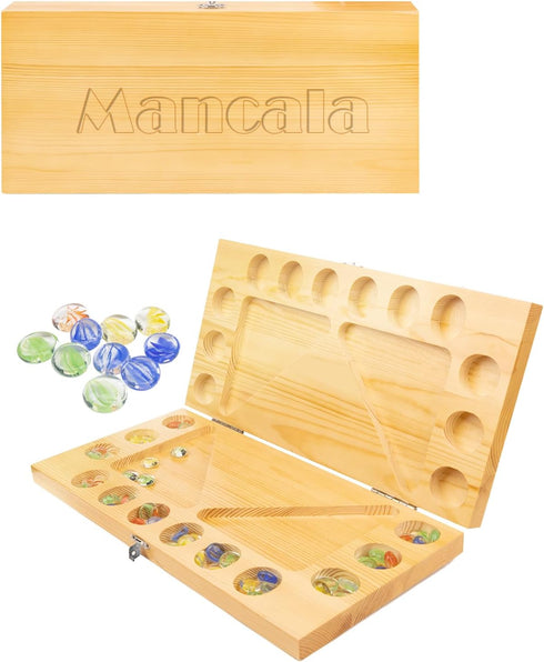 JstFrU 4 Players Mancala Board Game, Solid Wood Folding Mancala Board with Multi-Color