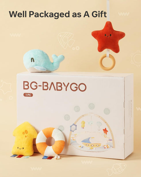 5 Tummy 7 BG-BABYGO Baby Play Gym Activity Mat, Developmental Zones Wooden Time Mat with Detachable Sensory Toys