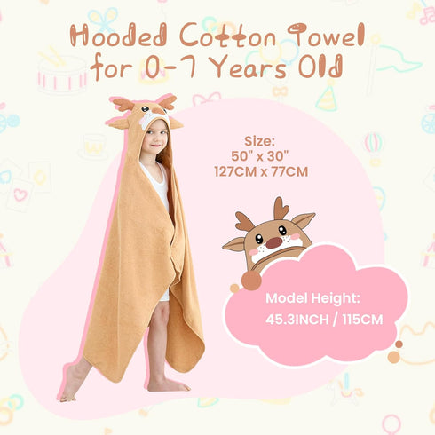 Cozy, Children(50"x30") Style Quarters Brown Elk Hooded Towel for Kids Soft, Absorbent Cotton, Embroidered Baby Bath