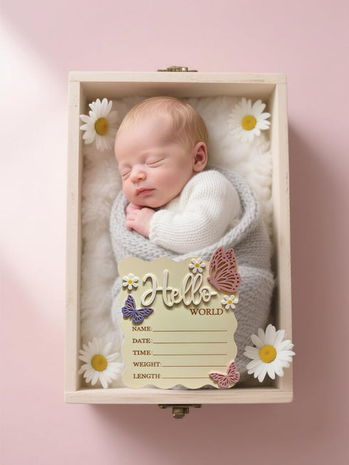 Wooden Birth Announcement Sign - Butterfly Daisy Hello World Newborn Baby Name Birth Stats Board, Floral Nursery Decor
