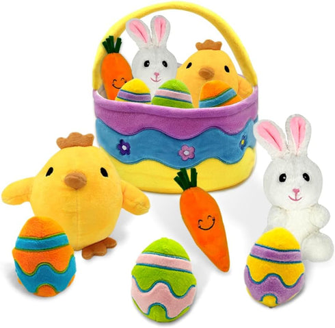 AMSHINE 7 Pcs Easter Basket Plush Playset with Bunny Chick Egg Carrot, My