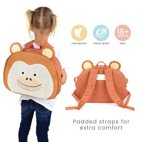 Lulyboo Toddler Car Seat Tray and Backpack, Airplane Travel Tray with Writing Surface and 8 Storage Pockets, Monkey