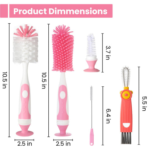 5-in-1 Set, Ariseno Baby Bottle Brush Including Nylon and Silicone Bottle Brush, Cap, Straw, Nipple Brushes, BPA-Free