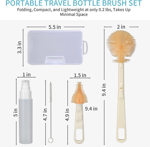 Set Baby Bottle Brush, VOOWO Portable Travel Bottle Cleaner Kit, Silicone Baby Bottle Cleaner Brush with Baby Bottle