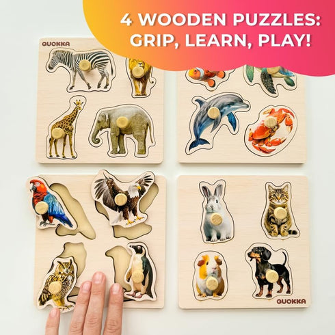 QUOKKA Wooden Puzzles for Toddlers 1-3 - 4 Set Animal and Birds Pegged Learning Toy for Kids Gift