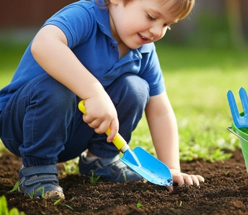 2 Pack Set JustForKids Garden Tool Green & Blue Metal Pails with Mini Shovel, Rake & Cultivator, Wooden Handles Outdoor