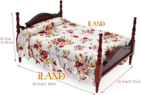iLAND Wooden Dollhouse Furniture, 1/12 Scale Bedroom Set in Mahogany Color, 6pcs