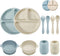 PandaEar Silicone Baby Feeding Set, 2 Divided Suction Plates + 2 Bowls + 2 Tiny Cups with Spoons (Blue White)
