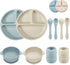 PandaEar Silicone Baby Feeding Set, 2 Divided Suction Plates + 2 Bowls + 2 Tiny Cups with Spoons (Blue White)
