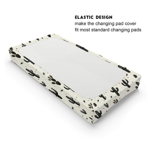 Boho Cactus Changing Pad Covers, Retro Black Golden Cactus Baby Changing Pad Sheets for Diaper Changing