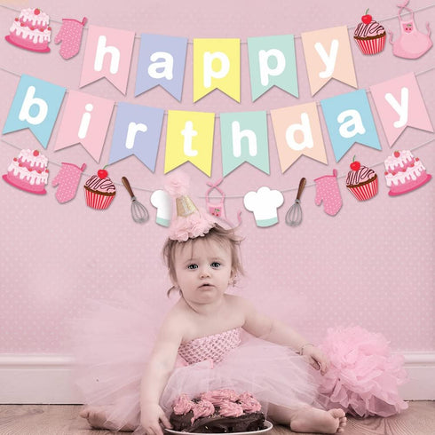 Baking Theme Macaroon Color Sweet Happy Birthday Bunting Garland Banner For Little Bakers Girls Kids Birthday Bakery Chef Cupcake Themed Party Supplies