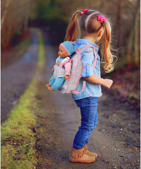 13in Soft Baby Doll with Take Along Pink Backpack Carrier, Briefcase Pocket Fits Accessories and Clothing