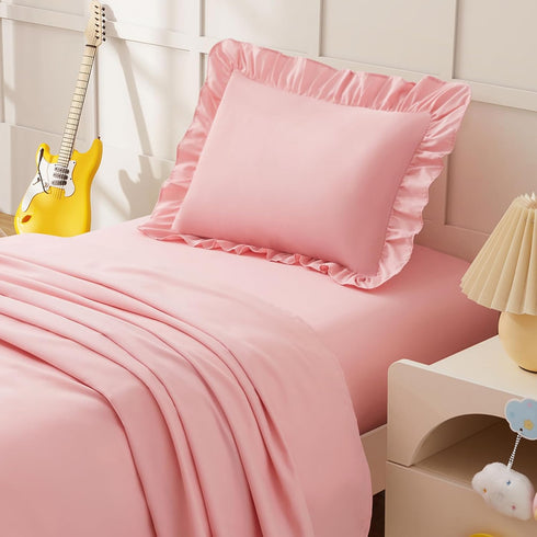3 Set KKJIAF Piece Toddler Sheet Microfiber, Includes a Flat Sheet, a Fitted Sheet and a Ruffle Pillowcase, Light Pink