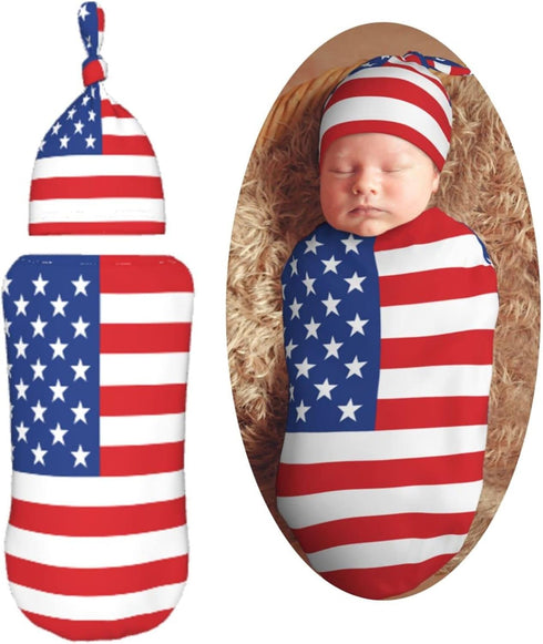 American Flag Newborn Swaddle Blankets Hat Sets Soft Baby Receiving Blanket Swaddle