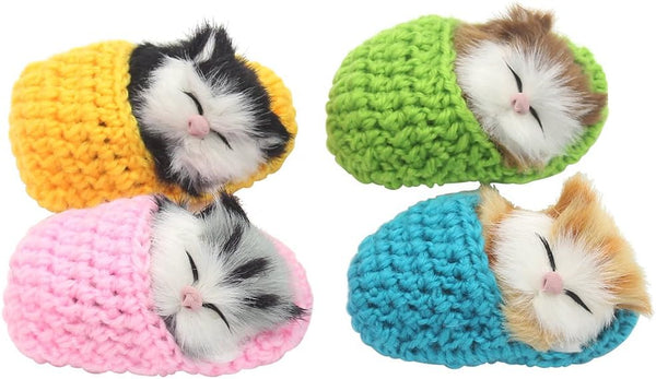 4Pcs Mini Kitten in Shoe Doll Toy, Sleeping Cat in Slipper with Meows Sounds Decor Hand Toy Gift for Kids