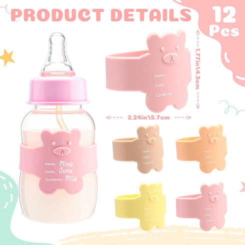 LemonRoad 12 Pcs Bottle Labels Daycare Reusable, Bear Pattern Waterproof Silicone Baby Bottle Labels Sippy Cup Bands