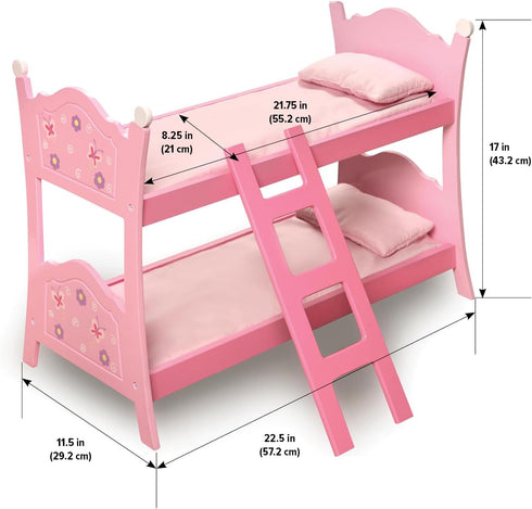Toy Blossoms and Butterflies Doll Bunk Bed by Badger Basket - Pink with Ladder and Bedding for 20 inch Dolls