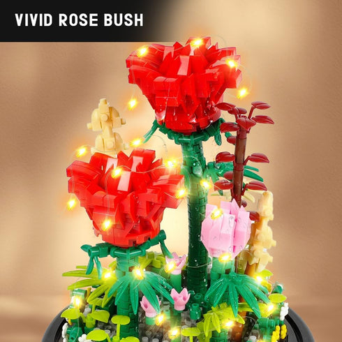 Set 596 HOGOKIDS Flower Bouquet Building with LED Lighting - PCS Red Rose with Cover Botanical Building Blocks Kits