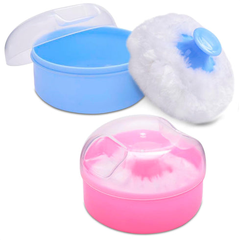 2Pcs Talcum Powder Brush with Holder, Dusting Powder with Puff for Women, Pink and Blue Colors, Easy to Clean