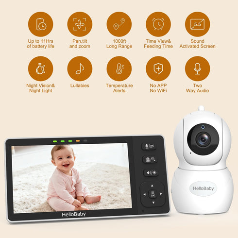 HelloBaby 5.5'' 1080P 1000ft 4000mAh HD Video Baby Monitor with Camera | No WiFi, Hack-Proof Security & Range | Remote
