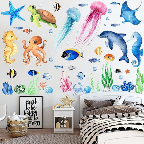 4Sheets 52Pcs Ocean Sea Animals Wall Decals Stickers, Under The Sea Wall Stickers Fish Turtle Jellyfish Ocean Creature