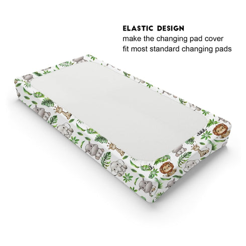 Baby Safari Animals Changing Pad Covers with Tropical Leaves, Soft Breathable Stretch for Diaper Change Table 32''x16''