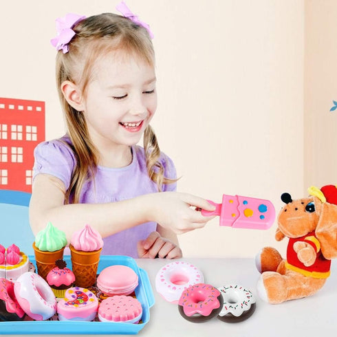 LOVESTOWN 15 PCS Pretend Desserts Toy Set, Play Food for Kids Kitchen, Ice Cream Cupcake Baking Plastic Play Food