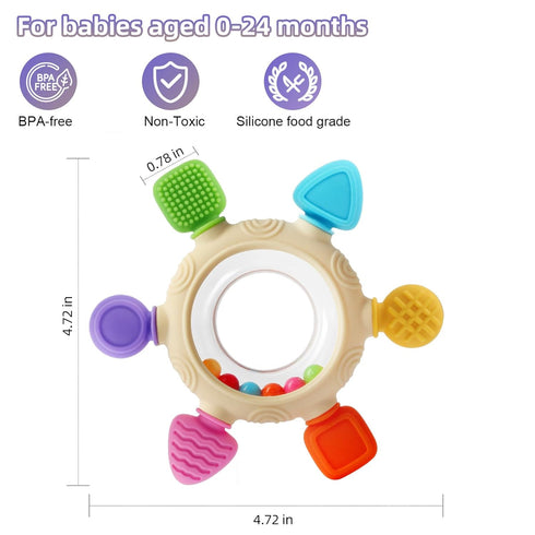 0-6 6-12 0-24Months Baby Teething Rings Toys for Months Baby Rattle Teether Sensory Toys for Babies Silicone Teether