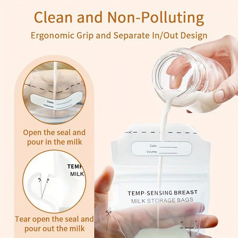 Momlacto 30 Count (6oz/180ml) Temp-Sensing Breastmilk Storage Bags, Leak-Proof Double Zipper Seal, BPA-Free