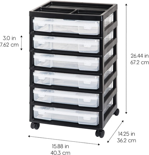 IRIS USA 6-Tier Scrapbook Rolling Storage Cart - Fits 12" x 12" Paper with Organizer Top, Black Frame