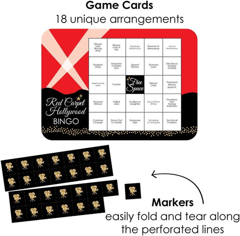 Big Dot of Happiness Red Carpet Hollywood - Award Show Bingo Cards and Markers - Movie Night Party Bingo Game - Set of 18