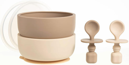 Set, Baby Feeding Silicone Bib, Bowl & Spoons for Self-Feeding First Stage Baby Essentials Gum Friendly, BPA-Free, Easy