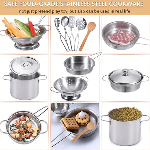 Play Pots and Pans Toys for Kids Kitchen Playset Pretend Cookware Utensils Play Set Play Cooking Toys Mini Stainless Steel Cooking Utensils Toys Kitchen Playset Accessories for Toddlers & Boys Girls