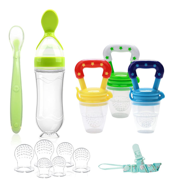 Food Feeder for Baby, Fruit Feeder Pacifier (3 Pcs) with Silicone Baby Food Dispensing Spoon and Pacifier Clip