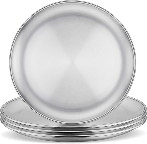 E-far Stainless Steel Plates Set of 4 - 8-inch Metal Dinner Plates for Kids, Shatterproof & Dishwasher Safe