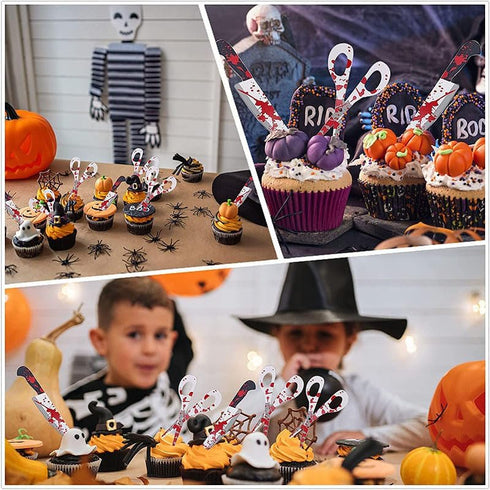 Halloween Cupcake Toppers & Wrappers, Horror Cake Decoration, Bloodstain Cake Knife, 12 Sets (24pcs)