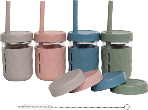 WeeSprout Glass Cups With Lids & Straws, Spill-Resistant Smoothie Cups for Toddlers