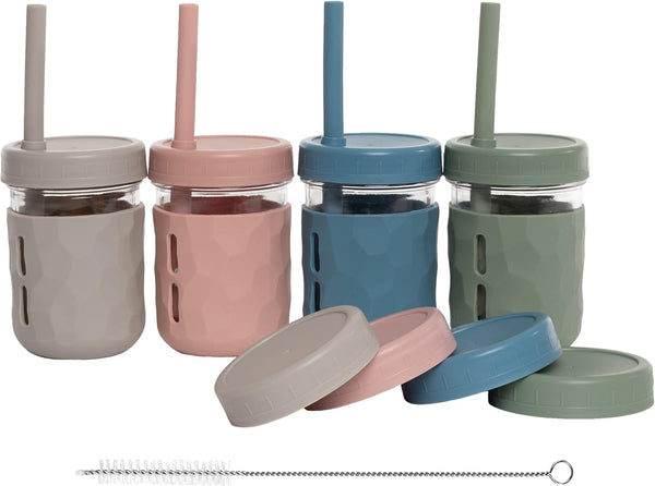 WeeSprout Glass Cups With Lids & Straws, Spill-Resistant Smoothie Cups for Toddlers
