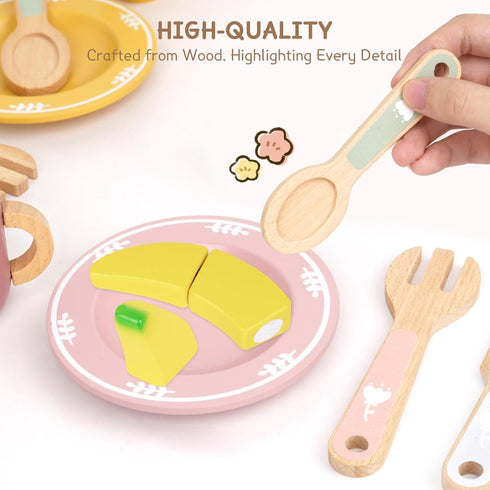 20 Playset 3 PCS Kitchen with Wooden Toy Plates and Dishes, Montessori Kitchen Toys for Girls and Boys, Wooden Play
