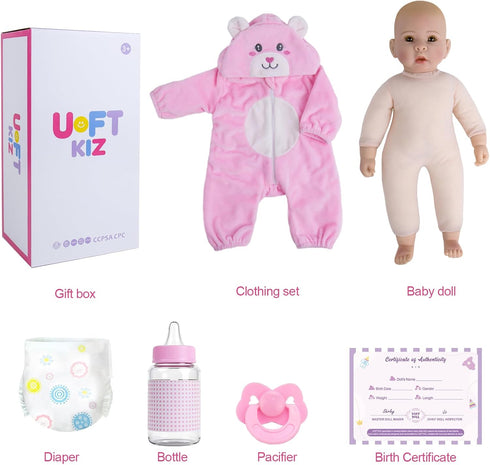 17" 3+ UOFTKIZ Baby Dolls Girl - Real Life Baby Doll, Soft Body Doll with Feeding Toy Kit, Gift for Grandparents
