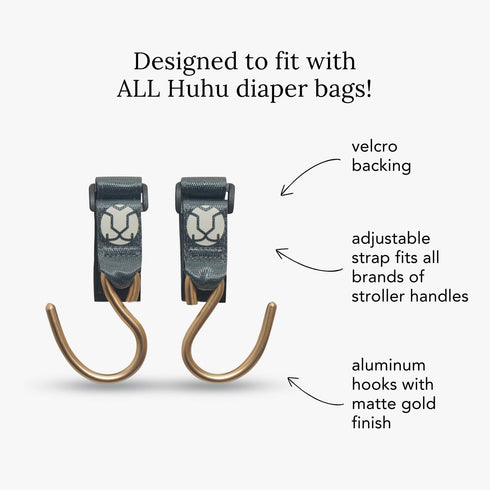 Huhu Essential Stroller Hooks - Lightweight Aluminum Stroller Bag Hook with Adjustable Straps, Matte Gold S-Hooks