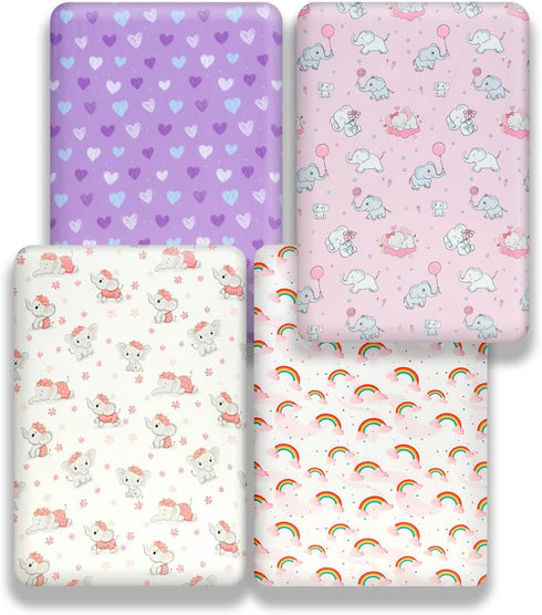 FIGEPO 4 Pack Set Baby Girl Crib Sheets Soft Fitted Floral or Elephant Theme Baby Girl Mattress Covers Breathable